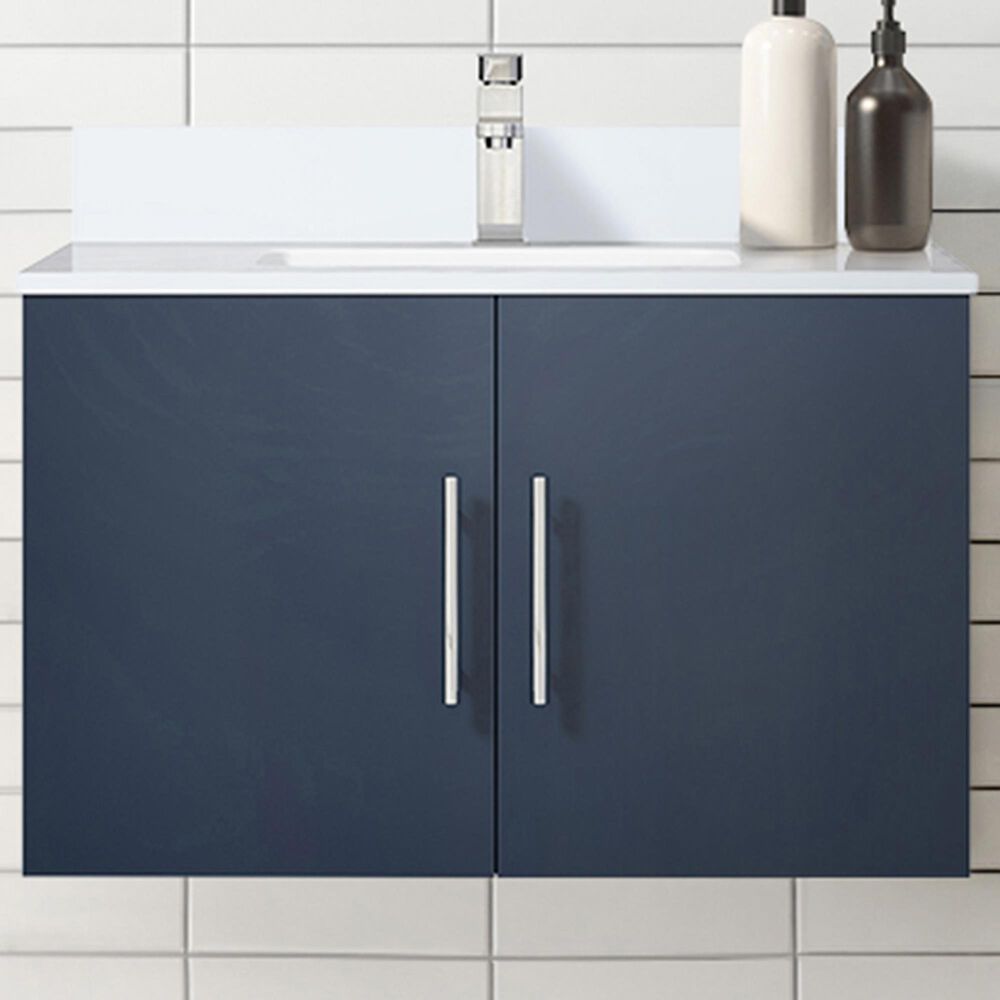 Lexora Home Geneva 30&quot; Single Bathroom Vanity in Navy Blue with 2 cm White Quartz Top and Rectangular Sink, , large