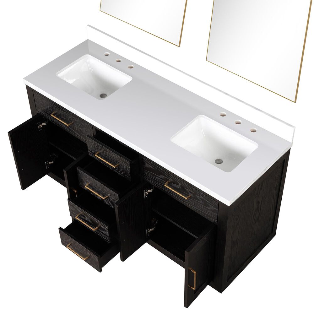 Lexora Home Abbey 60&quot; Double Bathroom Vanity in Brown Oak with 2 cm White Quartz Top, Rectangular Sinks and 28&quot; Mirrors, , large
