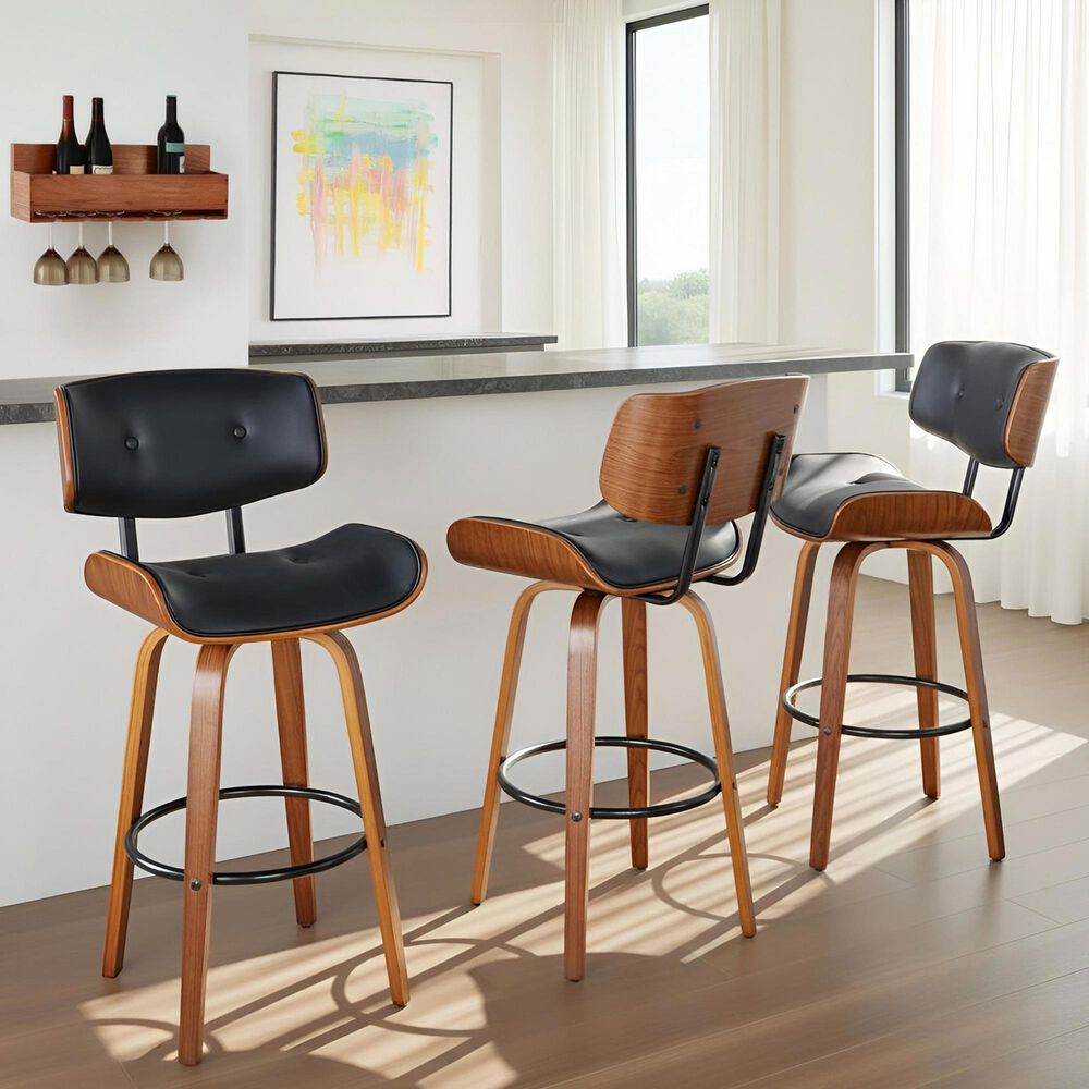 LumiSource Lombardi 30" Swivel Barstool with Black Faux Leather Upholstery in Walnut and Black (Set of 2), , large
