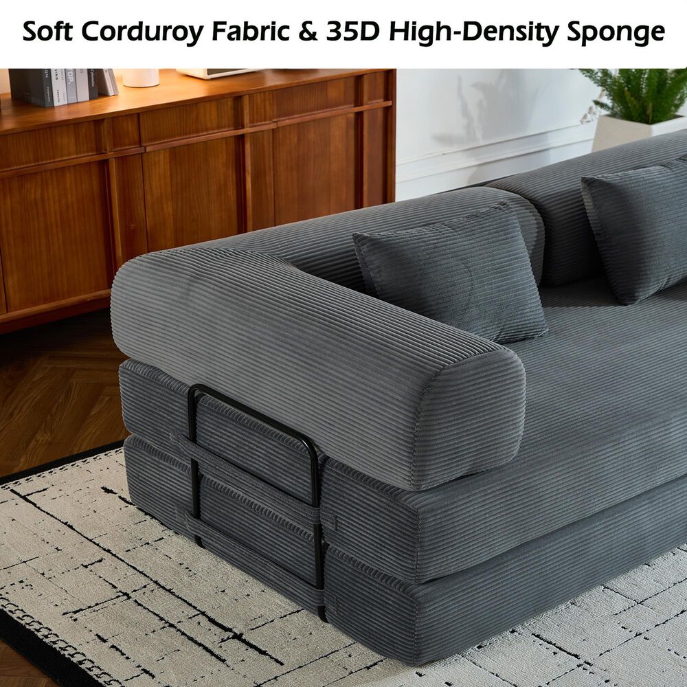 GigaCloud Corduroy Convertible Sleeper Sofa with Cylindrical Pillow in Gray, , large