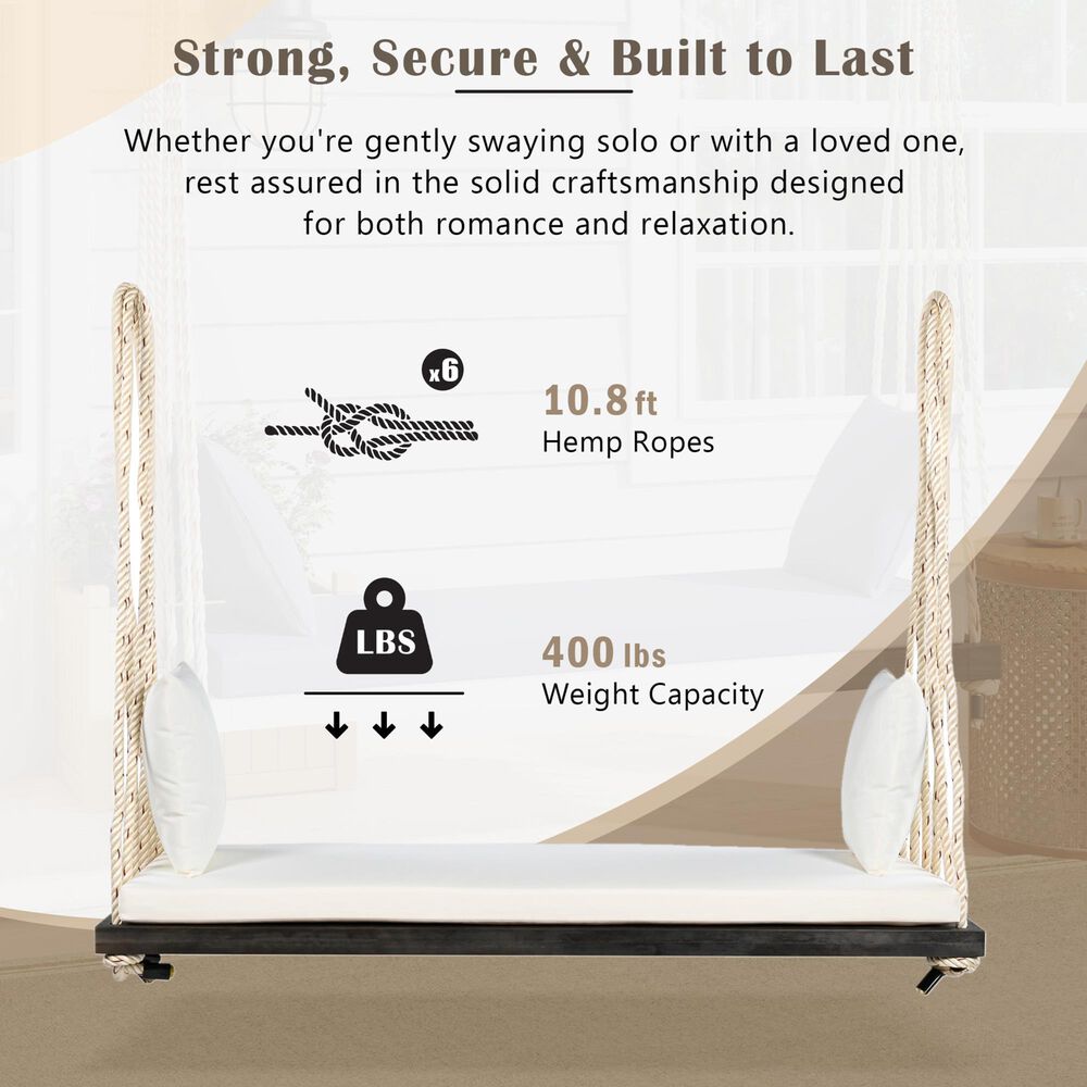 Hearth and Haven Topmax Outdoor Hanging Porch Swing Bench with Beige Cushion in Brown, , large