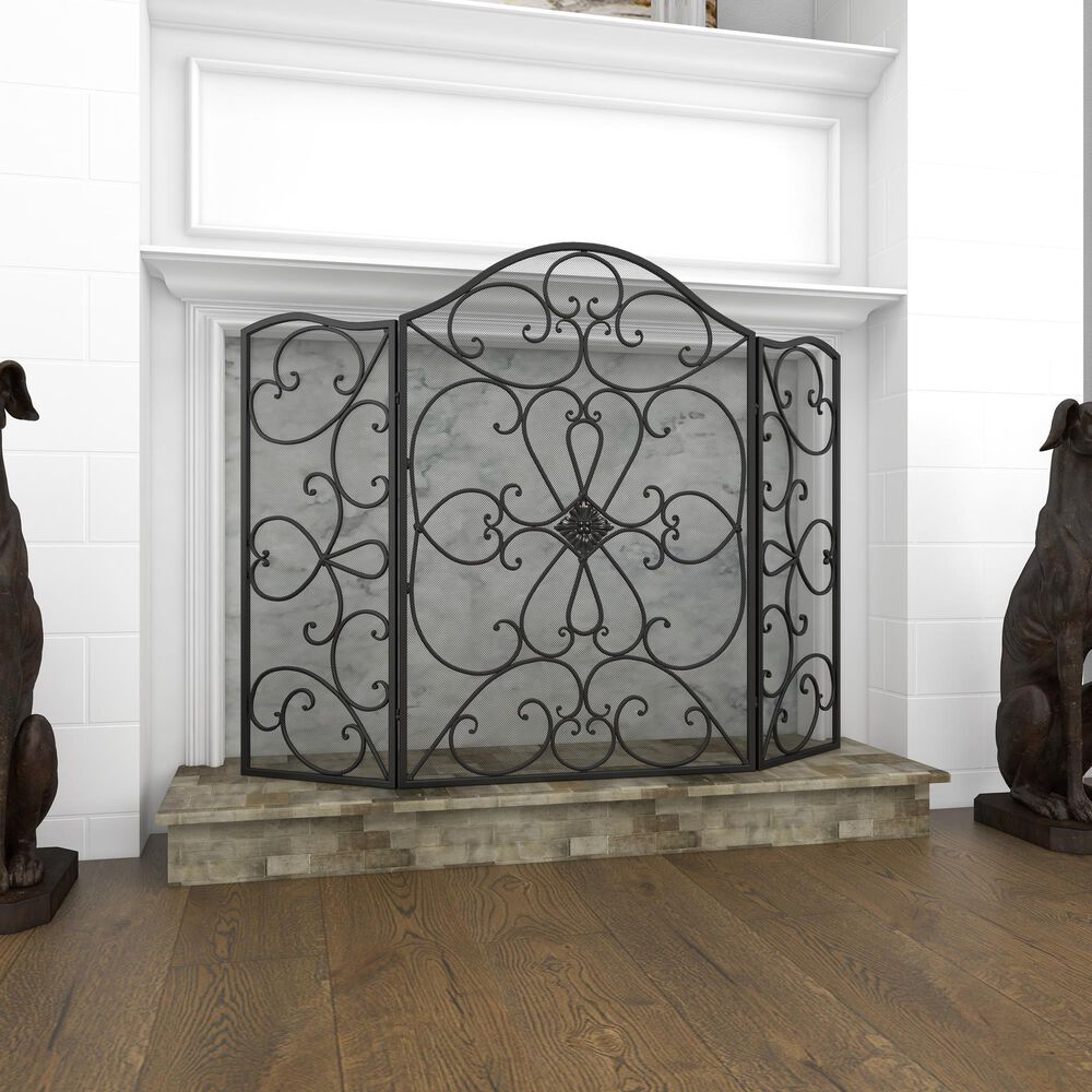 Maple and Jade 49&quot; x 36&quot; Fireplace Screen in Black, , large
