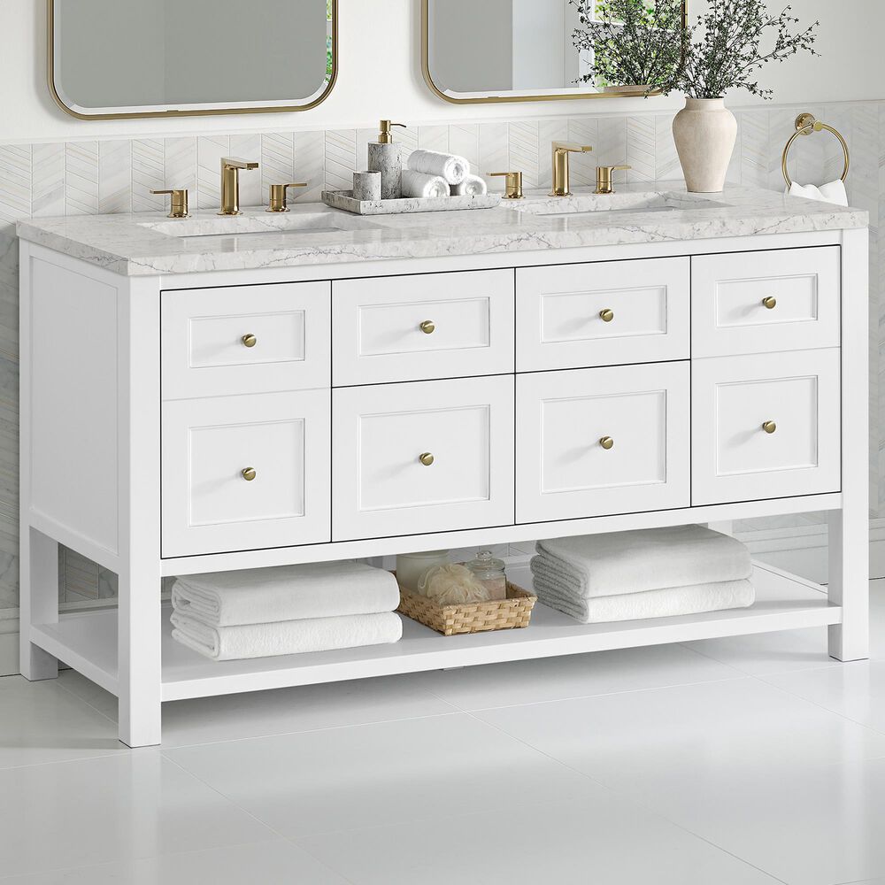 James Martin Vanities Breckenridge 60&quot; Double Bathroom Vanity in Bright White with 3 cm Eternal Jasmine Pearl Quartz Top and Rectangular Sinks, , large