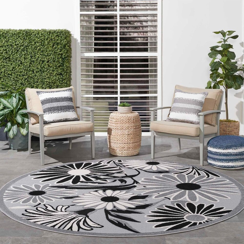 Nourison Aloha 5&#39;3&quot; Round Black and White Indoor/Outdoor Area Rug, , large