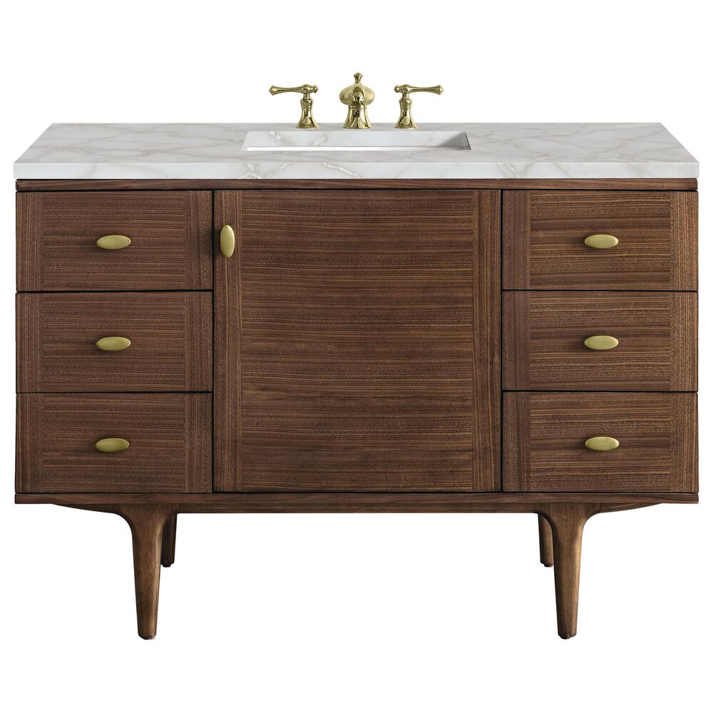 James Martin Vanities Amberly 48&quot; Single Bathroom Vanity in Mid-Century Walnut with 3 cm Victorian Silver Quartz Top and Rectangular Sink, , large