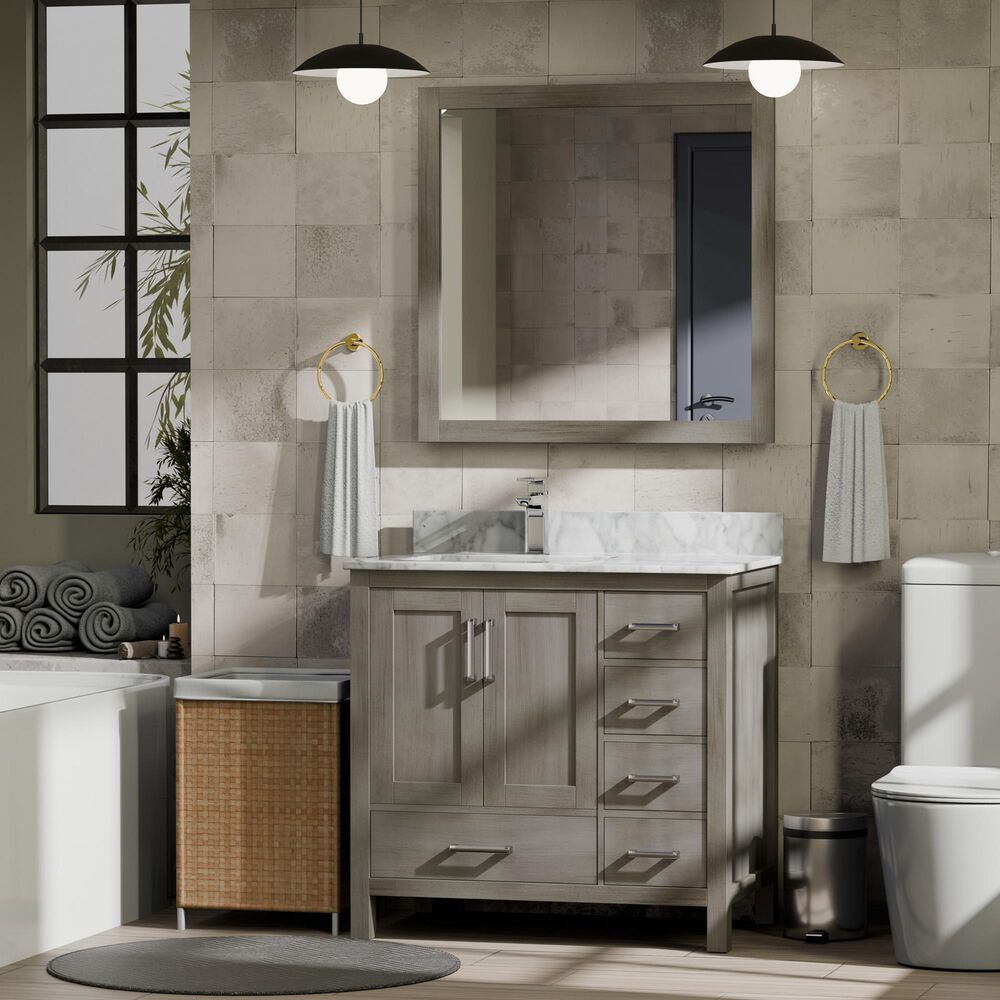 Lexora Home Jacques 36&quot; Left Offset Single Bathroom Vanity in Distressed Grey with 2 cm White Carrara Marble Top and Rectangular Sink, , large