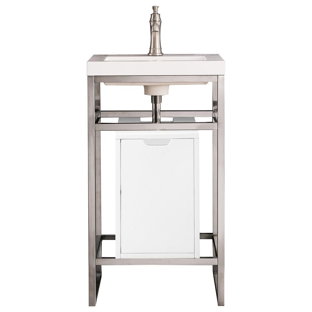 James Martin Vanities Boston 20" Single White Door Bathroom Vanity in Brushed Nickel with 3 cm White Glossy Resin Countertop and Rectangular Sink, , large
