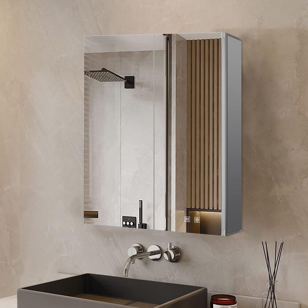 Lexora Home Corsica 24" x 32" LED Mirror Medicine Cabinet with Defogger in Aluminium, , large