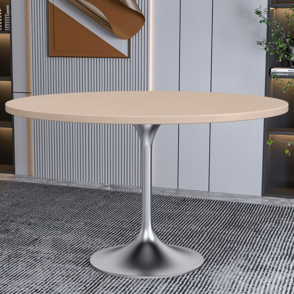 Leisuremod LeisureMod Verve Collection 48 Round Dining Table, Brushed Chrome Base with Light Natural Wood MDF Top, , large