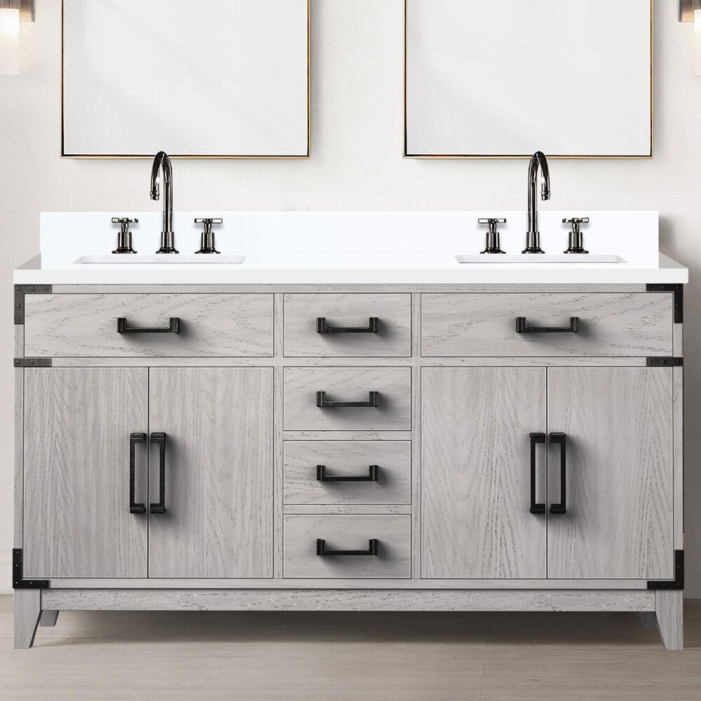 Lexora Home Laurel 60&quot; Double Bathroom Vanity in White Oak with White Cultured Marble Top and Rectangular Sinks, , large