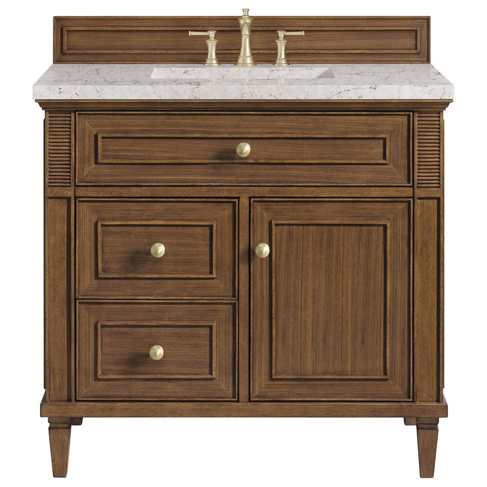 James Martin Vanities Lorelai 36&quot; Single Vanity in Mid-Century Walnut with 3 cm Eternal Jasmine Pearl Quartz Top, , large