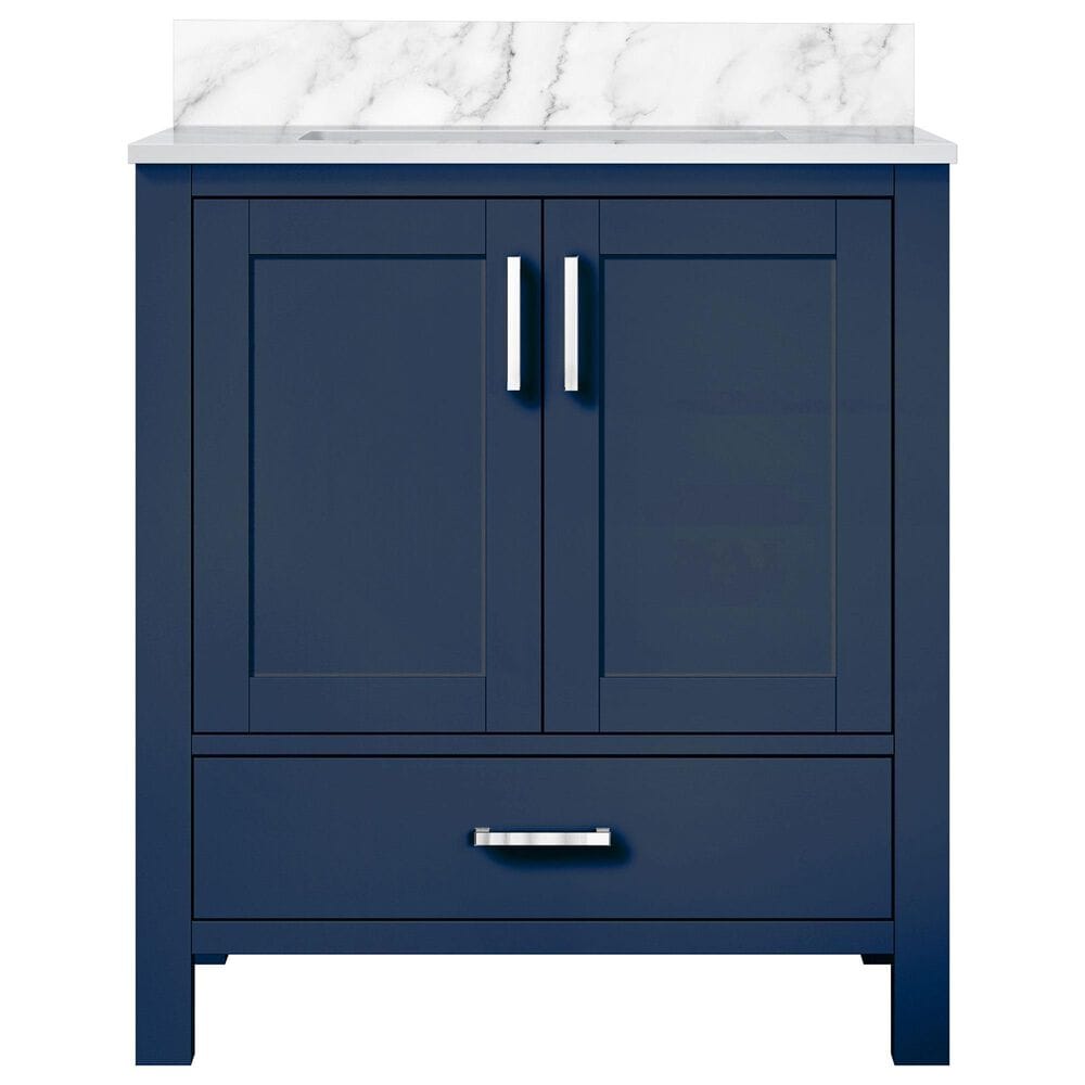 Lexora Home Jacques 30&quot; Single Bathroom Vanity in Navy Blue with 2 cm White Carrara Marble Top and Rectangular Sink, , large