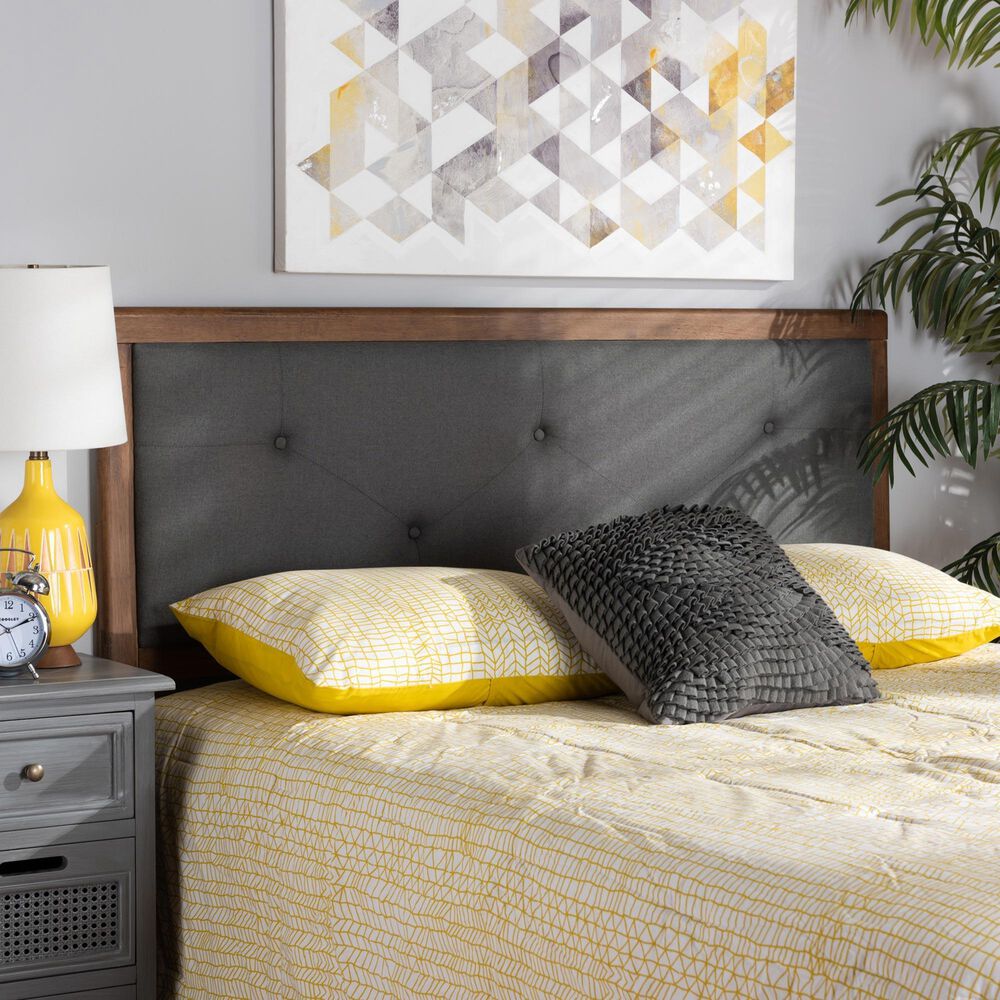 Baxton Studio Abner King Panel Headboard with Dark Grey Fabric in Walnut Brown, , large