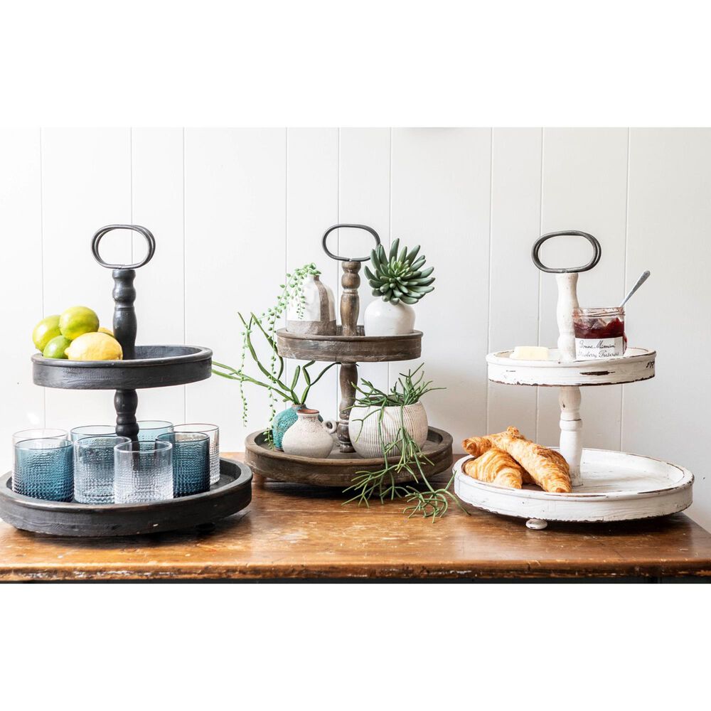 Creative Coop 2-Tier Tray with Metal Handle in Distressed Black, , large