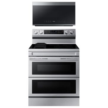Samsung 2-Piece Kitchen Package with 6.3 Cu. Ft. Freestanding Double Oven Electric Range and Bespoke 2.1 Cu. Ft. Fingerprint Resistant Over-the-Range Microwave in Stainless Steel, , large