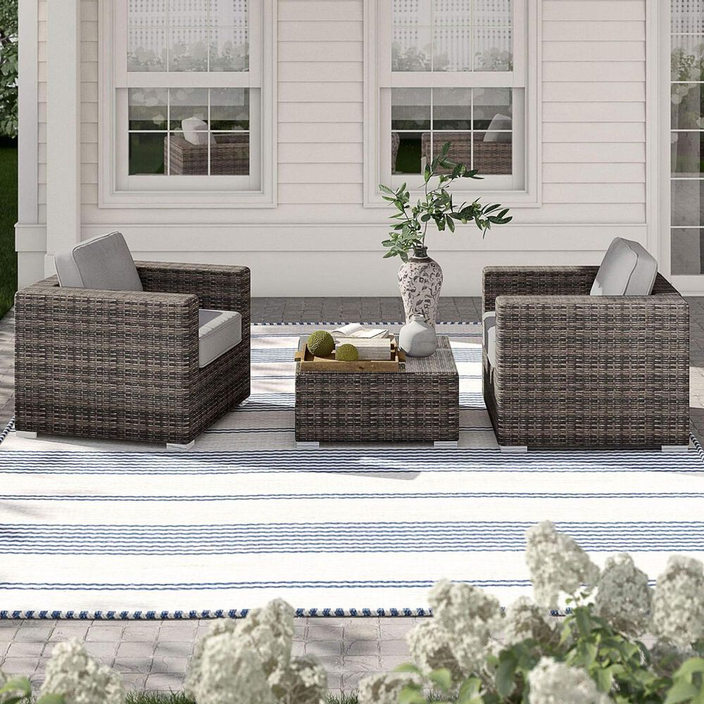 Hearth and Haven 3-piece Outdoor Wicker Conversation Set with Glass-Top Coffee Table and Welted Cushion in Gray, , large