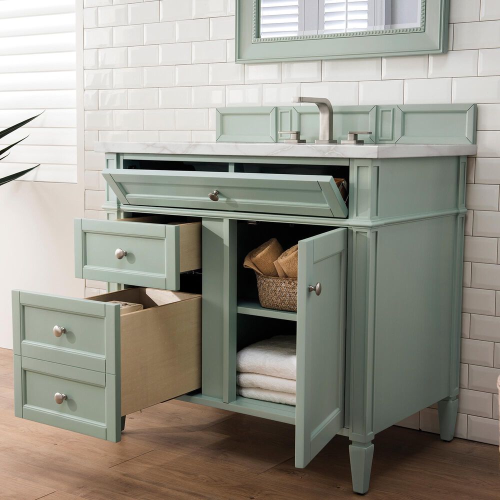 James Martin Vanities Brittany 36&quot; Single Bathroom Vanity in Sage Green with 3 cm Victorian Silver Quartz Top and Rectangular Sink, , large