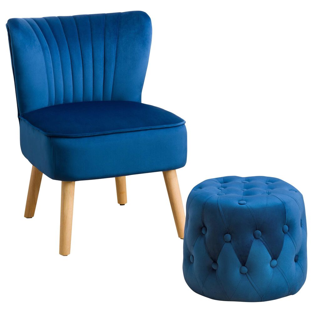 CorLiving Lynwood Accent Chair and Pouf in Blue Velvet, , large