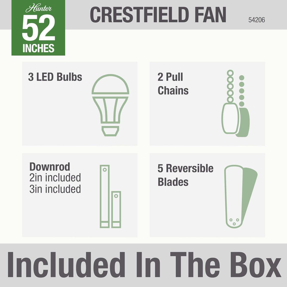 Hunter Crestfield 52&quot; Pull Chain Ceiling Fan with LED Lights in Brushed Nickel, , large