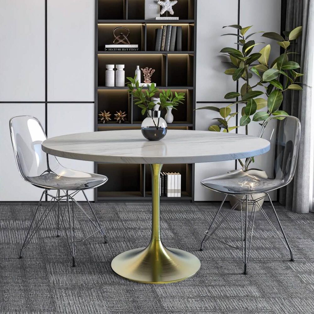 Leisuremod LeisureMod Verve Collection 48 Round Dining Table, Brushed Gold Base with Laminated White Marbleized Top, , large