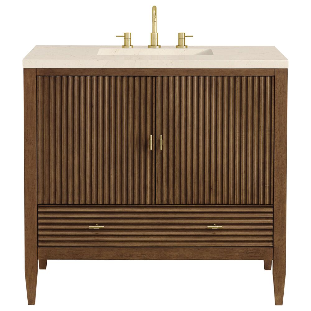 James Martin Vanities Myrrin 36&quot; Vanity in Mid-Century Walnut with 3 cm Eternal Marfil Quartz Top, , large