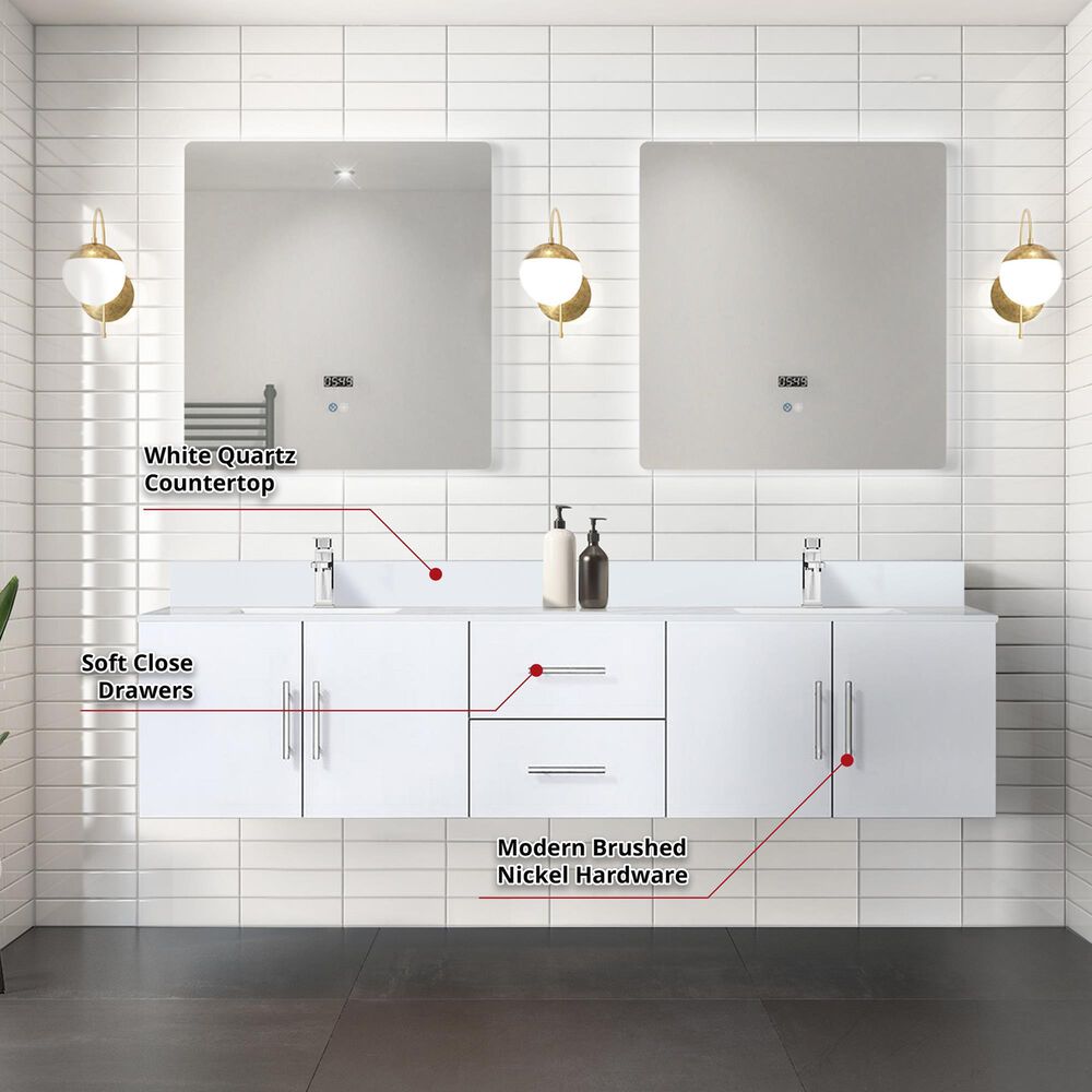 Lexora Home Geneva 80&quot; Double Bathroom Vanity in Glossy White with 2 cm White Quartz Top and Rectangular Sinks, , large