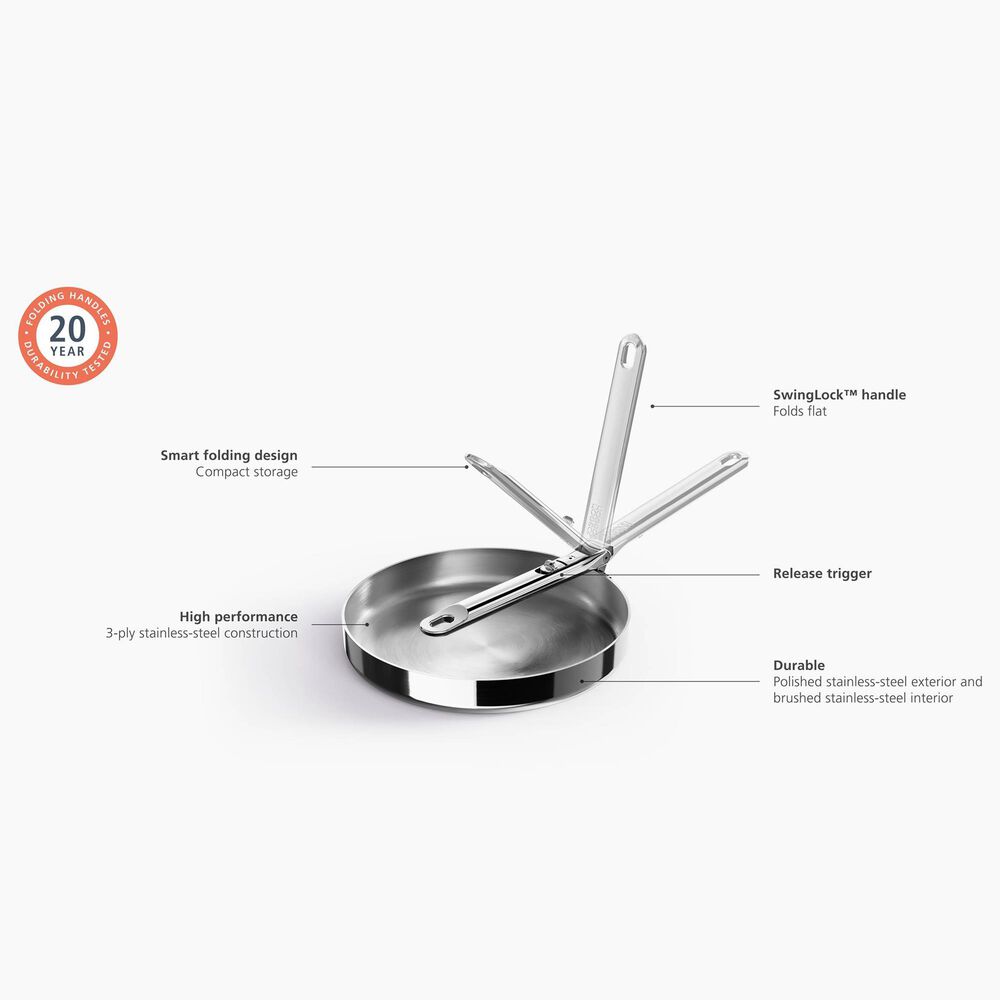 Joseph Joseph Space Steel 9.5&quot; Frying Pan with Folding Handle in Stainless Steel, , large