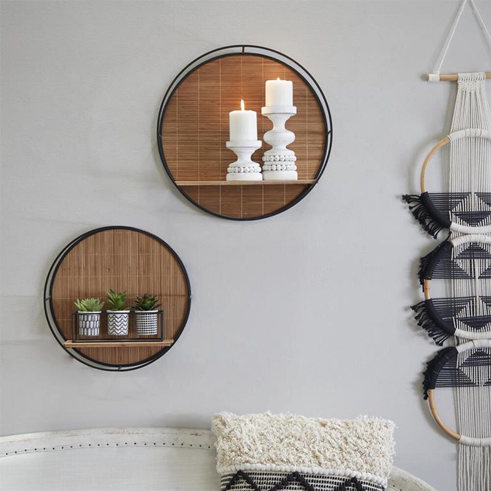 Maple and Jade Round Bamboo Wall Shelf in Natural Brown and Ebony Black (Set of 2) NFM