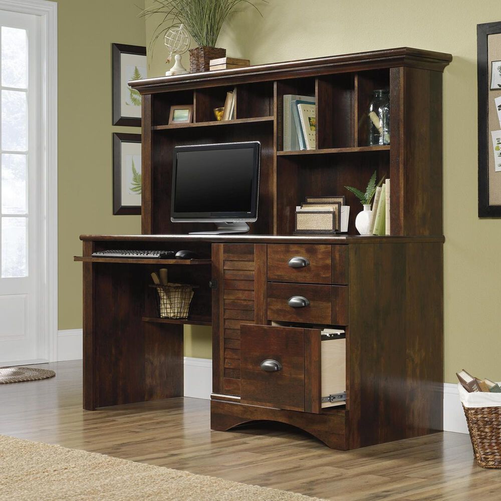 Sauder Harbor View Computer Desk With Hutch in Curado Cherry NFM