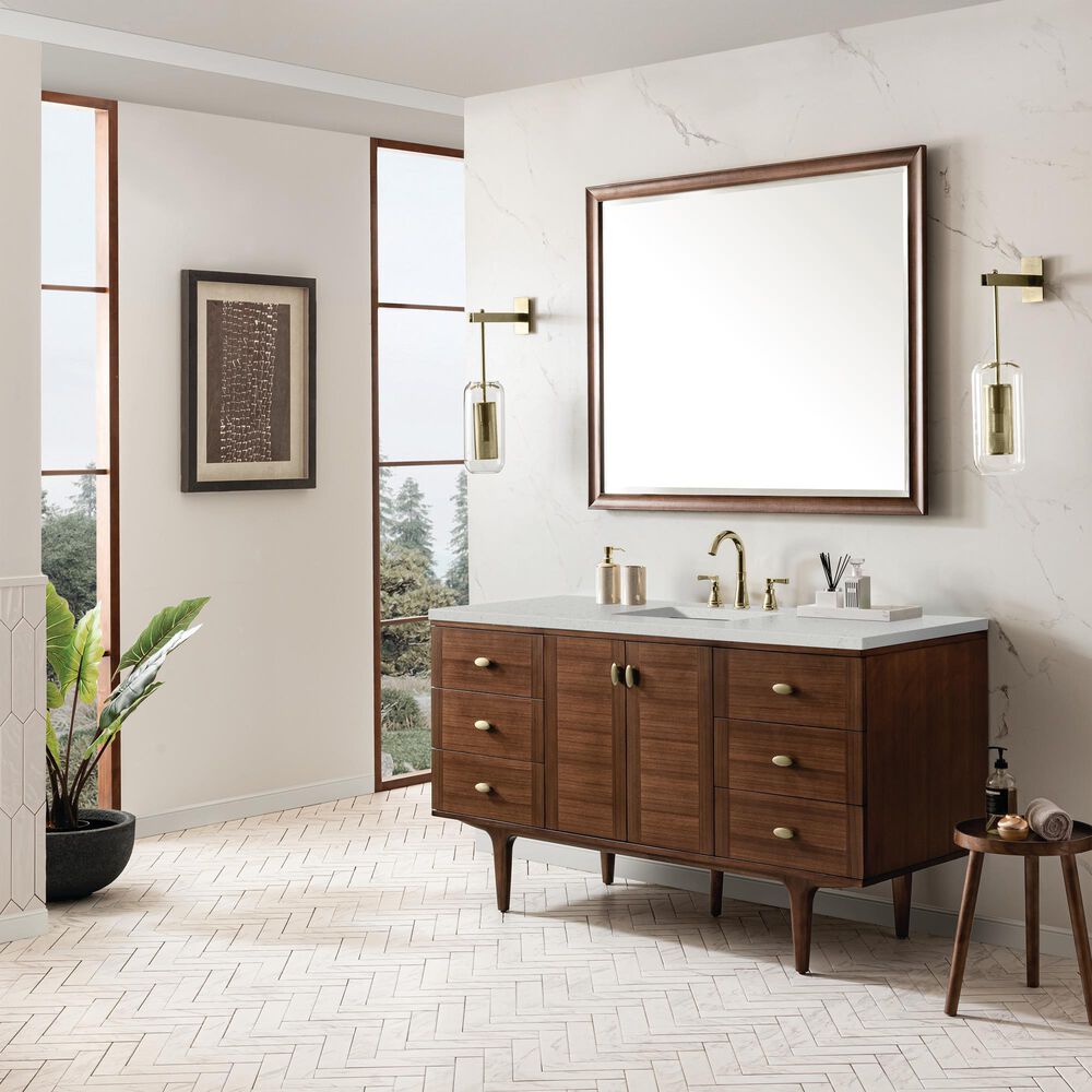 James Martin Vanities Amberly 60&quot; Single Bathroom Vanity in Mid-Century Walnut with 3 cm Lime Delight Quartz Top and Rectangular Sink, , large