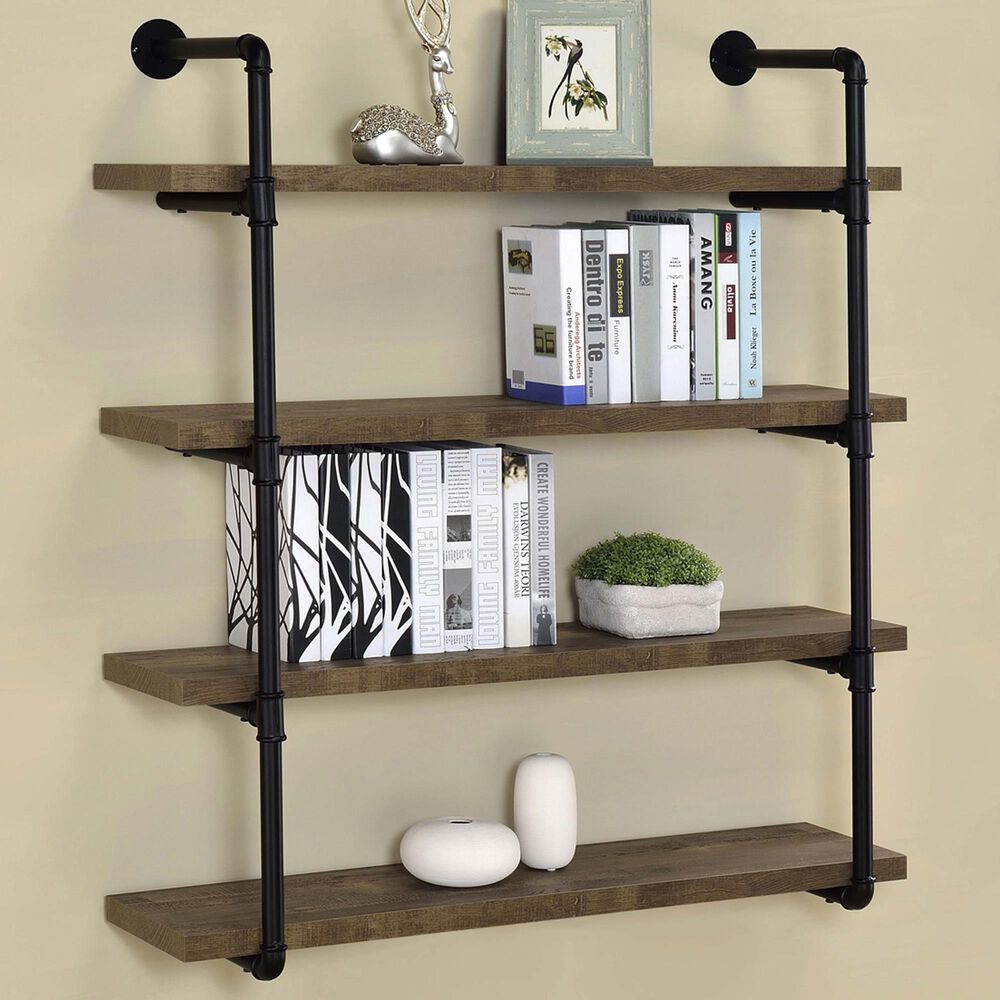 Pacific Landing Elmcrest 4-Shelf Wall Bookshelf in Rustic Oak and Black, , large