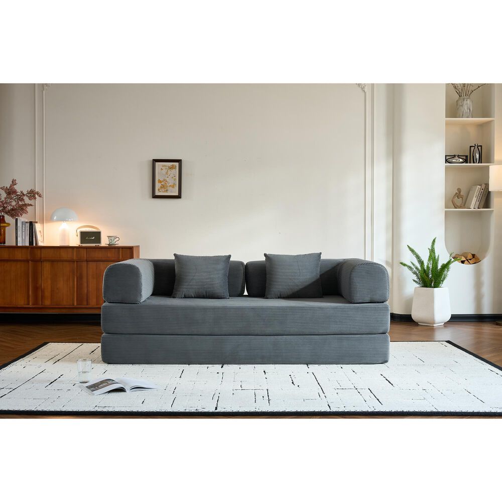 GigaCloud Corduroy Convertible Sleeper Sofa with Cylindrical Pillow in Gray, , large