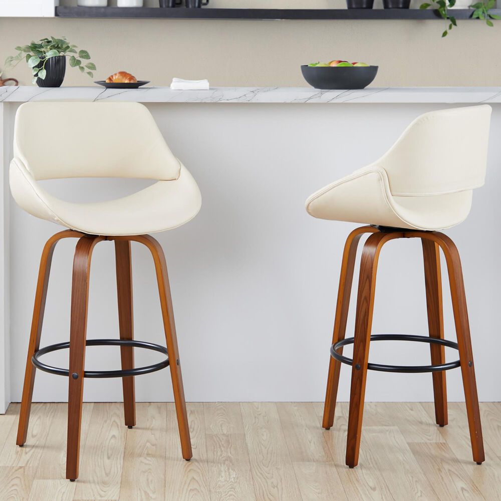 LumiSource Fabrico 30" Swivel Fixed-Height Bar Stool with Cream Faux Leather Upholstery in Black and Walnut (Set of 2), , large