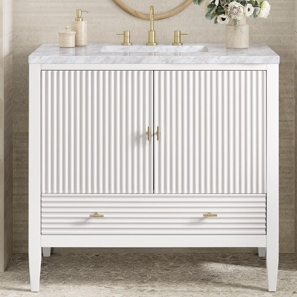 James Martin Vanities Myrrin 36&quot; Vanity in Bright White with 3 cm Carrara White Marble Top, , large