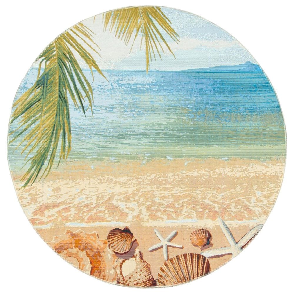 Safavieh Barbados Tropical Beach Seashell 5"3" Round Gold and Blue Indoor/Outdoor Area Rug, , large