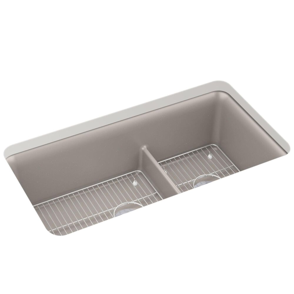 Kohler Cairn Smart Divide 33.5" Undermount Double-Bowl Kitchen Sink in Matte Taupe, , large