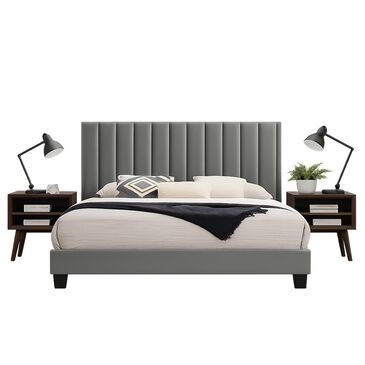 Mayberry Hill Coyote King Upholstered Platform Bed and Two Nightstands Set in Carroll Grey, , large