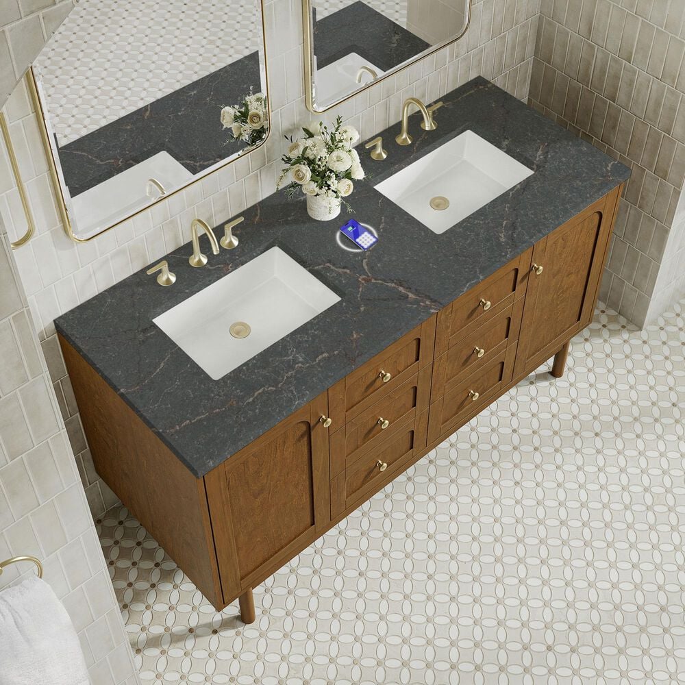 James Martin Laurent 60" Double Bathroom Vanity in Honey Oak with 3 cm Parisien Bleu Silestone Top, Rectangular Sinks and FreePower Wireless Charger, , large