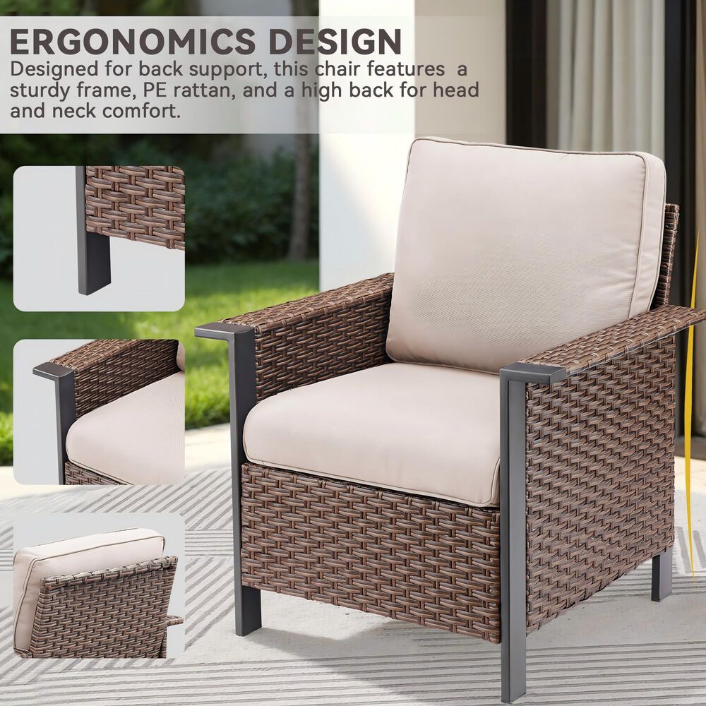 Sunwell Garden Patio Stationary Chair with Brown Frame and Square Armrests in Beige (Set of 2), , large