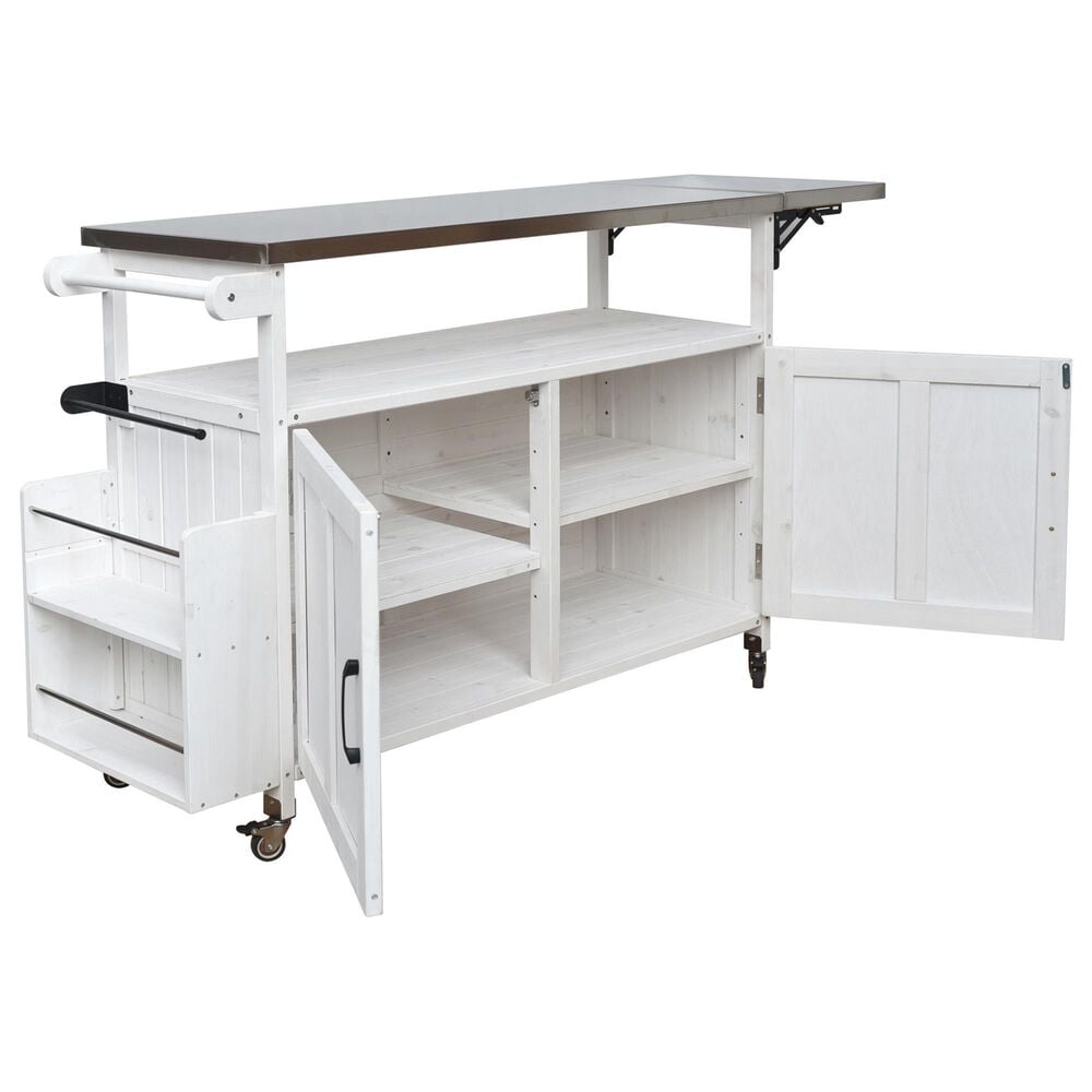 Hearth and Haven Outdoor Kitchen Island Cart with Adjustable Shelves and Stainless Steel Top in White, , large