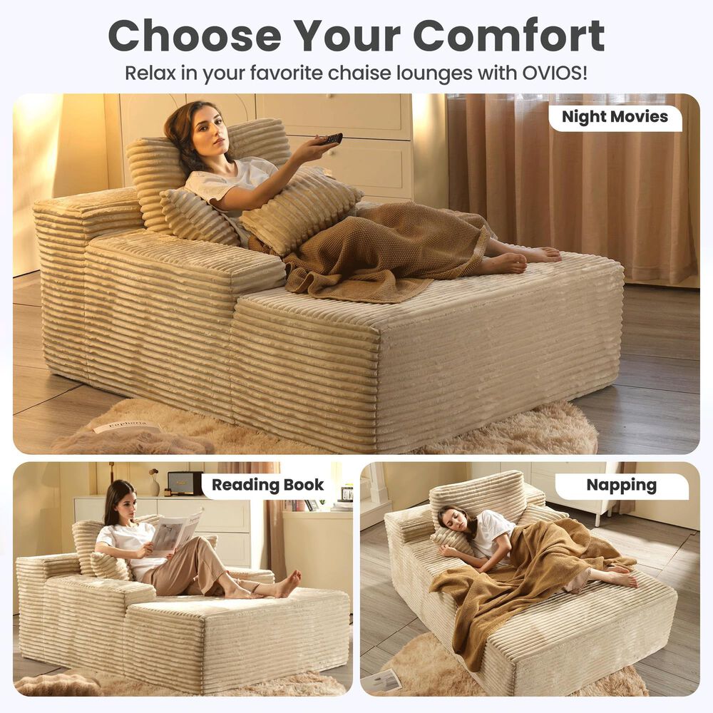 Homlux Cloud Faux Fur Chaise Lounge with Plush Pillows in Beige, , large