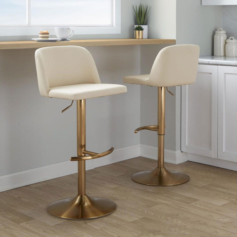 LumiSource Toriano Swivel Adjustable Bar Stool with Cream Faux Leather Upholstery in Gold (Set of 2), , large