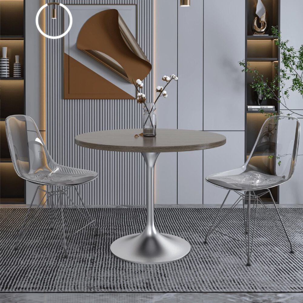 Leisuremod LeisureMod Verve Collection 36 Round Dining Table, Brushed Chrome Base with Dark Maple MDF Top, , large