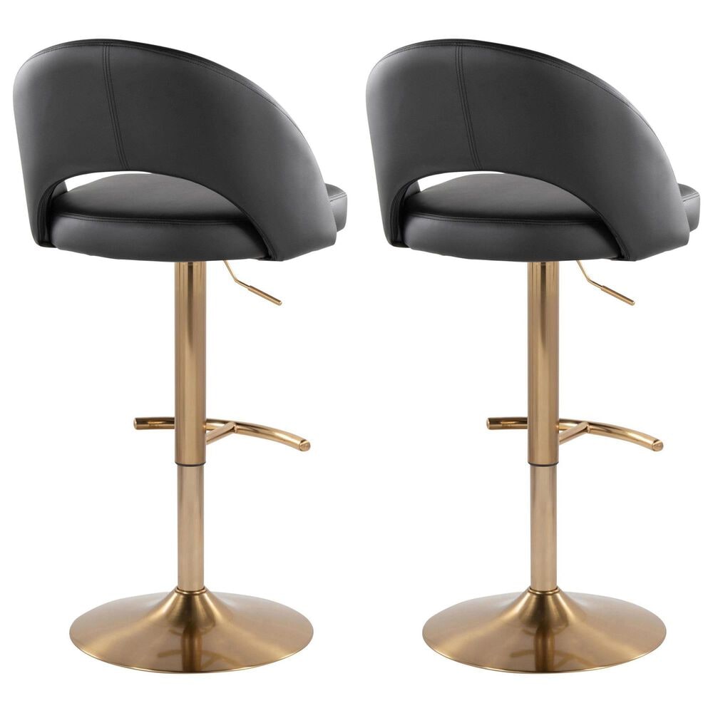 LumiSource Renee Adjustable Swivel Bar Stool with Black Faux Leather Upholstery in Gold (Set of 2), , large