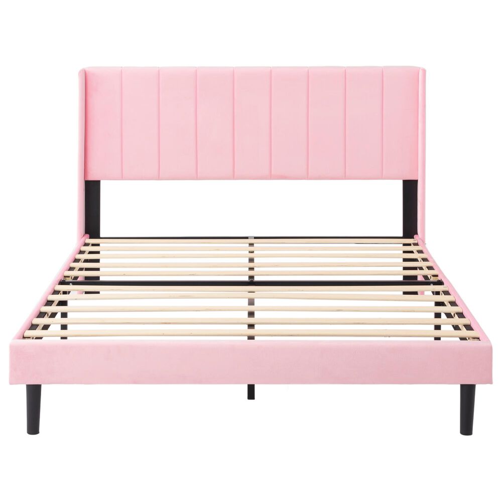 HOMLUX Queen Upholstered Platform Bed Frame with Velvet Headboard in Pink, , large