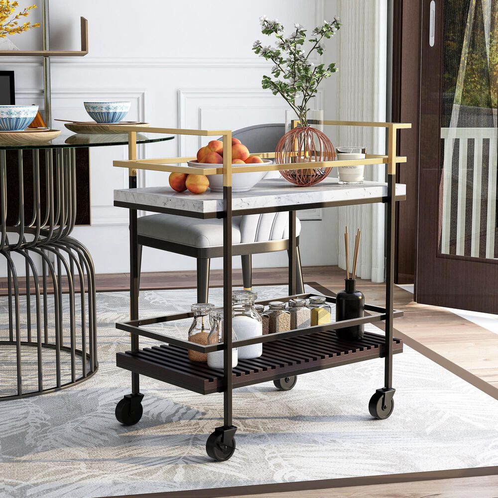 Furniture of America Stapleton Bar Serving Cart in Black, Gold, White and Walnut, , large