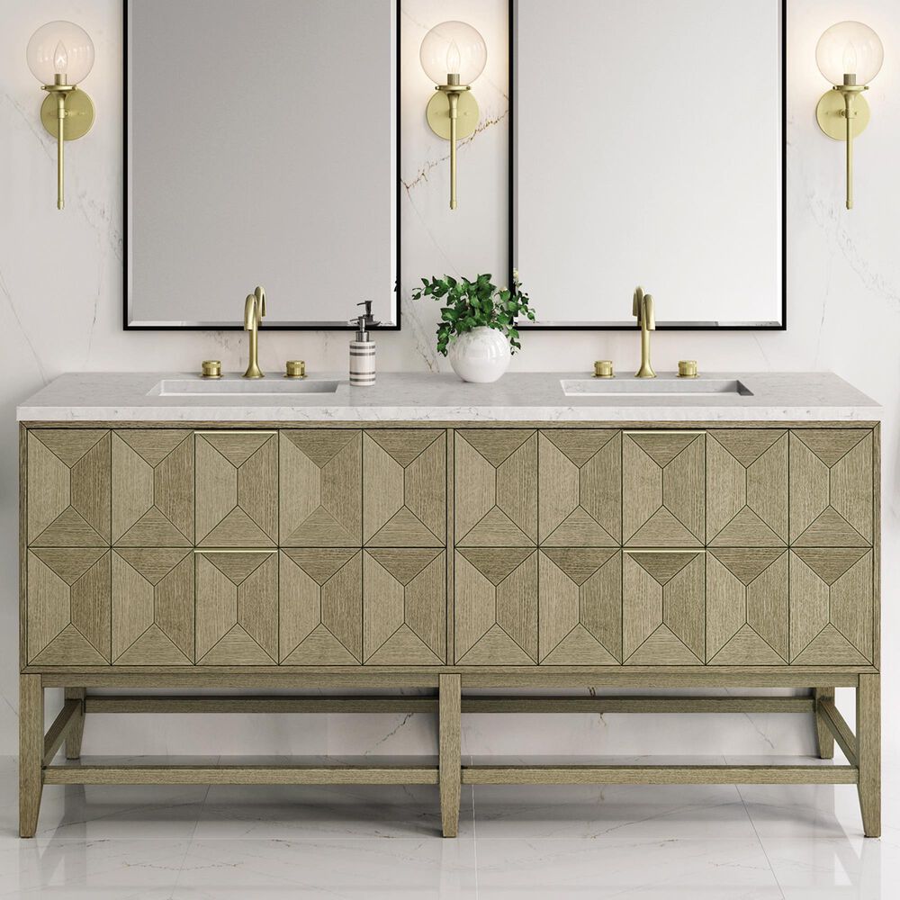 James Martin Vanities Emmeline 72" Double Bathroom Vanity in Pebble Oak with 3 cm Eternal Jasmine Pearl Quartz Top and Rectangular Sinks, , large