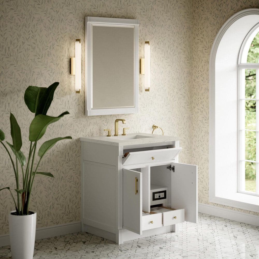 James Martin Bellshire 30" Single Bathroom Vanity in Bright White with 3 cm Siberian Silestone Top and Rectangular Sink, , large