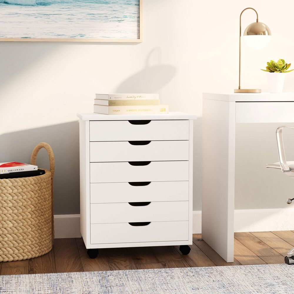 Linon Home Decor Cary 6-Drawer Wide Rolling Cart in White Wash, , large