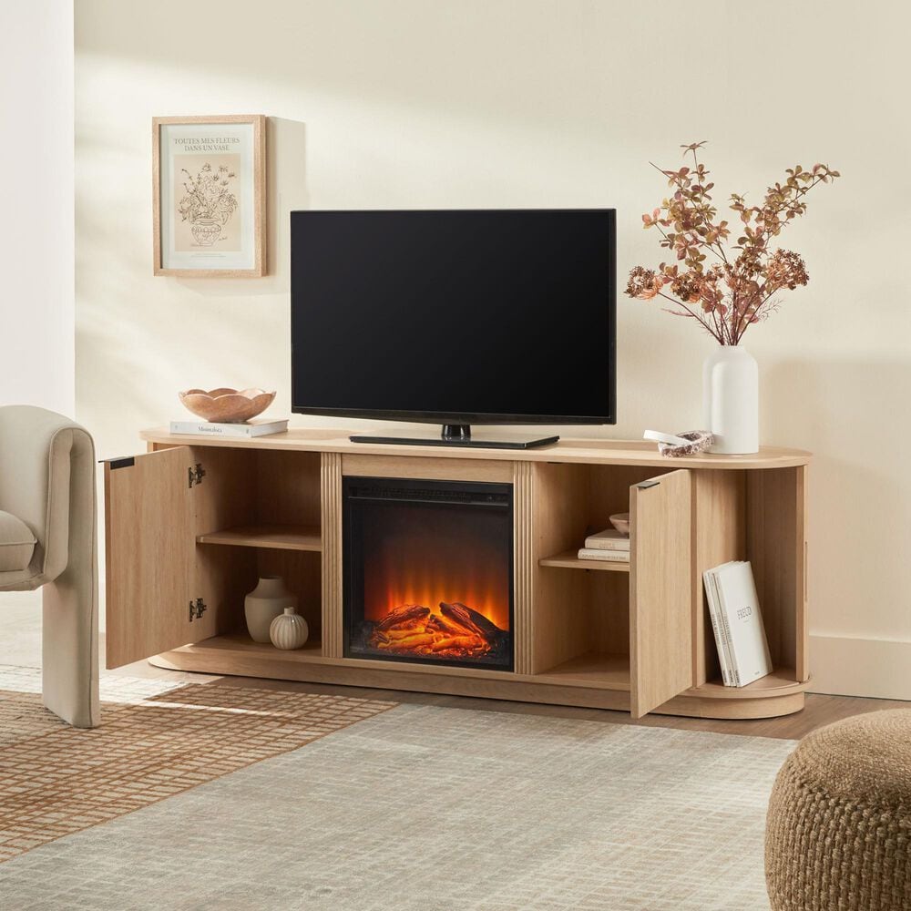 Walker Edison Chloe 70&quot; TV Stand with Freestanding Electric Fireplace in Coastal Oak, , large